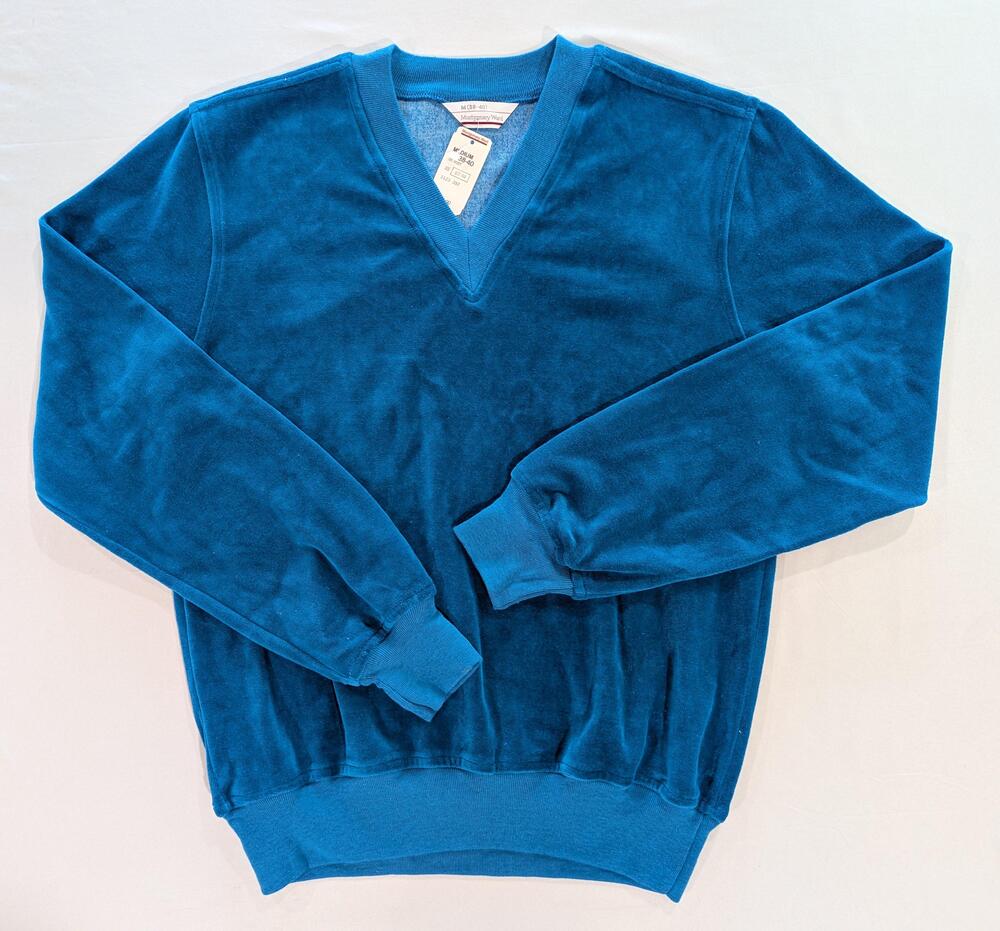 Vintage Montgomery Ward Sweater Mens M Blue V Neck Velvet Long Sleeve Pullover